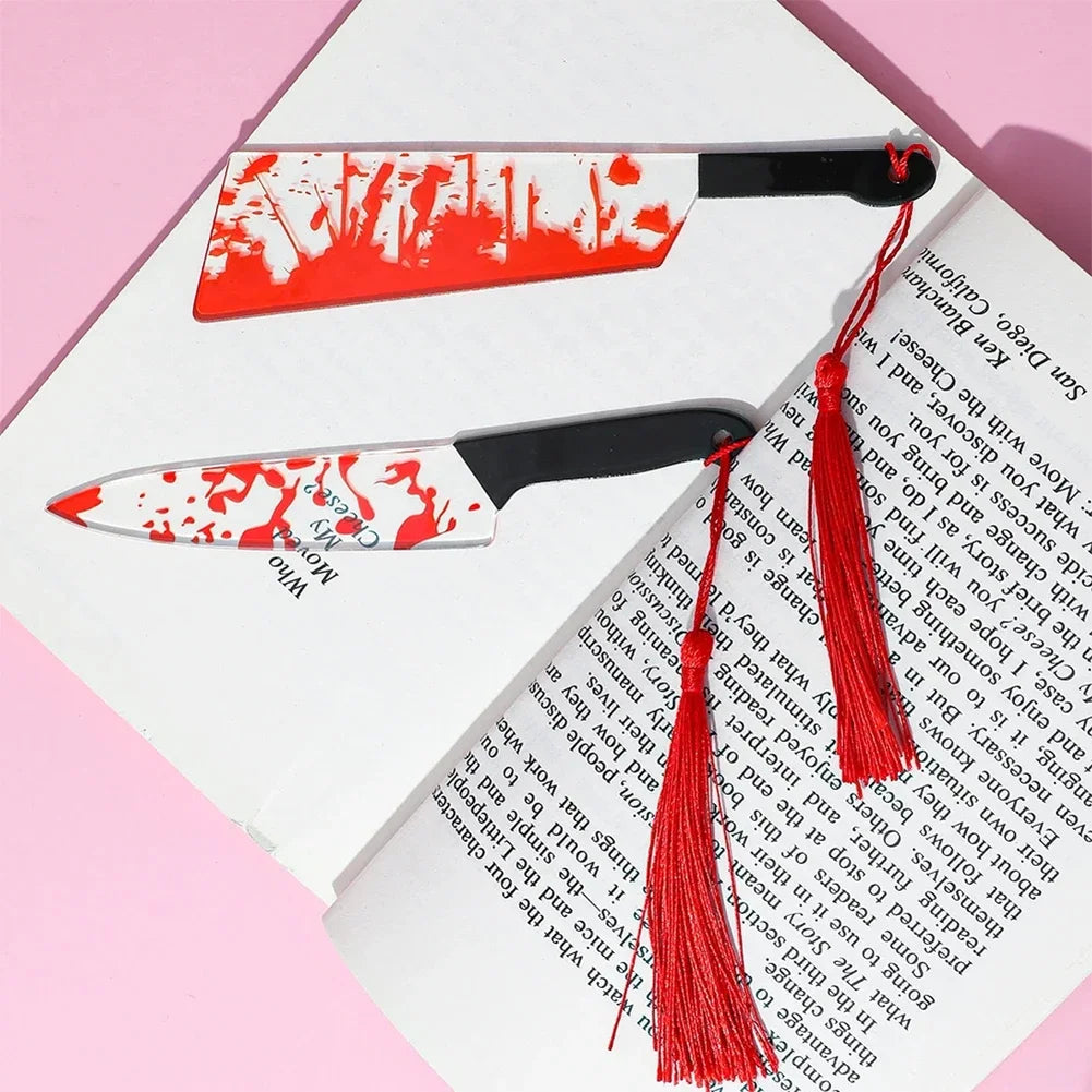 Acrylic Bookmark Horror Knife Clear Tassel Halloween Themed Series Chopper Saw Blood Halloween for Bookworms School Supplies Oasis Select