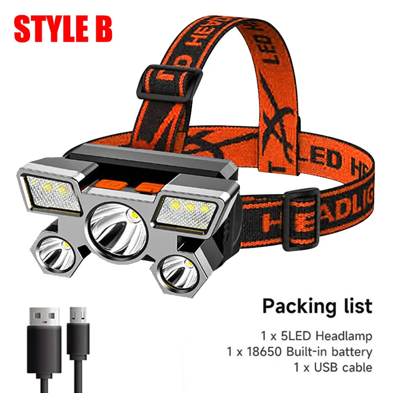 5 LED Headlamp Rechargeable with Built in 18650 Battery Strong Light Headlight Camping Adventure Fishing Head Light Flashlight Oasis Select Style B