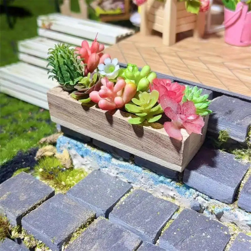 Random One Dollhouse Miniature Succulent Wooden Trough Green Plant Pot Model Micro Landscape Decor Ornaments Pretend Play Toys Oasis Select