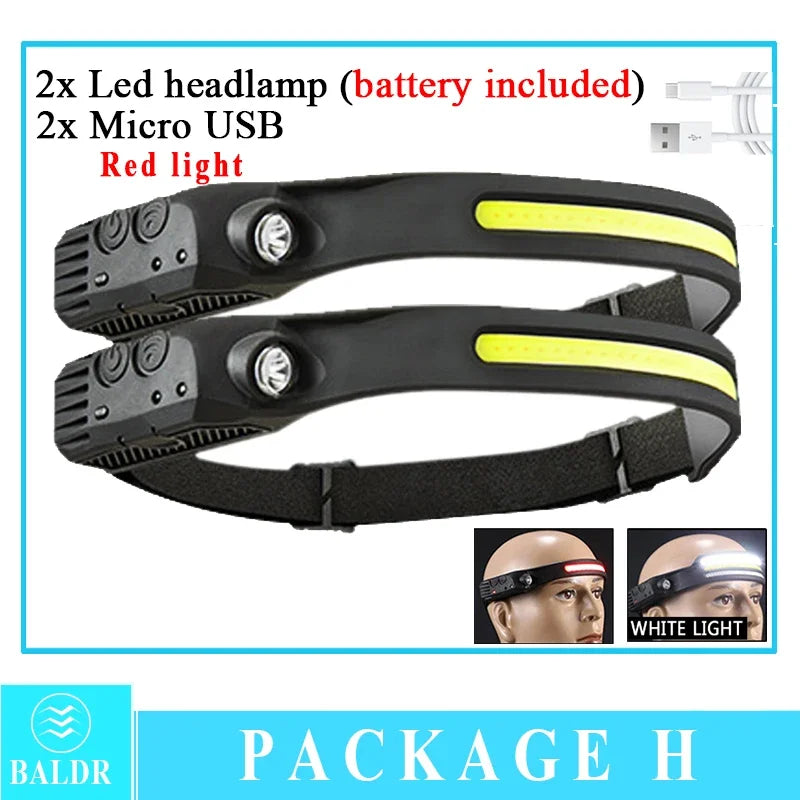 Head Led Light Sensor HeadLight Type-c Rechargeable Head Torch Light Front Led Head Flashlight Super Bright Waterproof Headlamp Oasis Select 2Pcs White-Red Built in battery