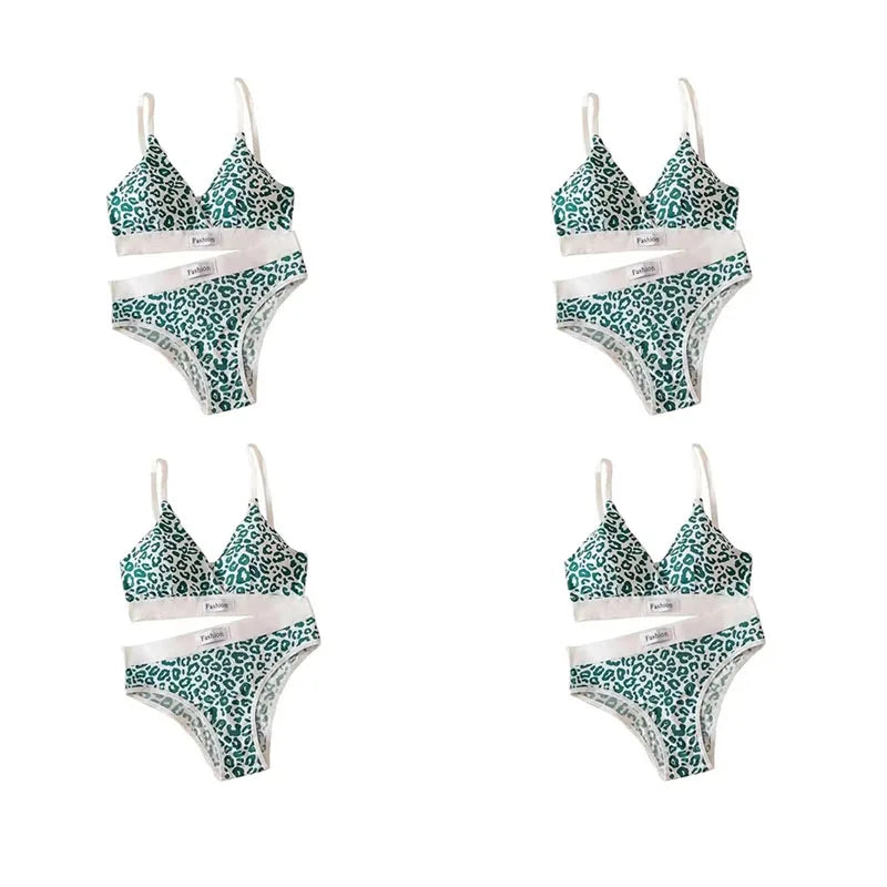 1-4pcs Summer Set New Women's Leopard Print Traceless and Steel Rim Bra Adjustable Shoulder Strap Back Women's Underwear Set Oasis Select Green 4 set One Size