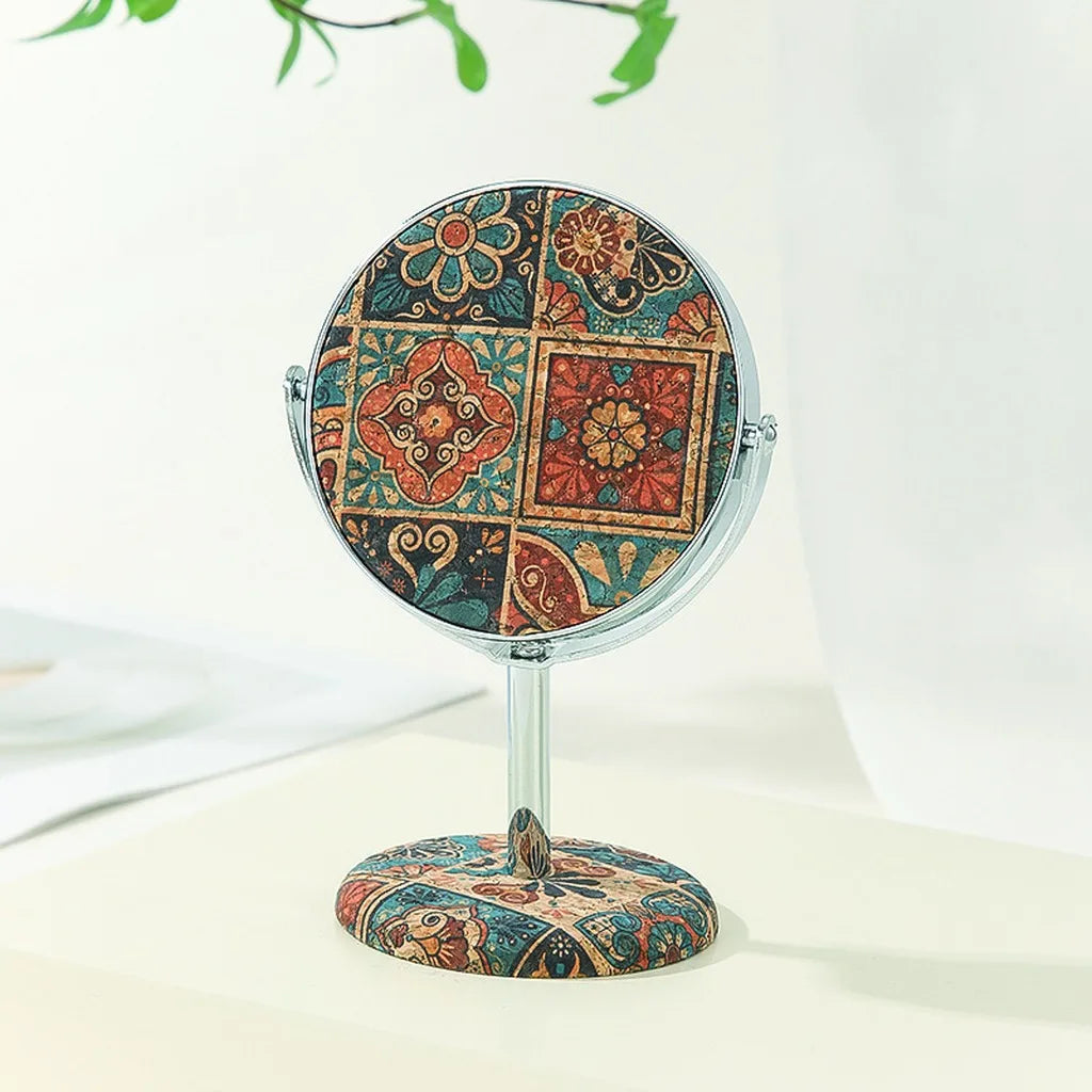 Retro Pattern Mirror Stable Round Metal Frame Mirror Foldable Cosmetic Mirror Decorative For Living Room Countertop Car Interior Oasis Select C
