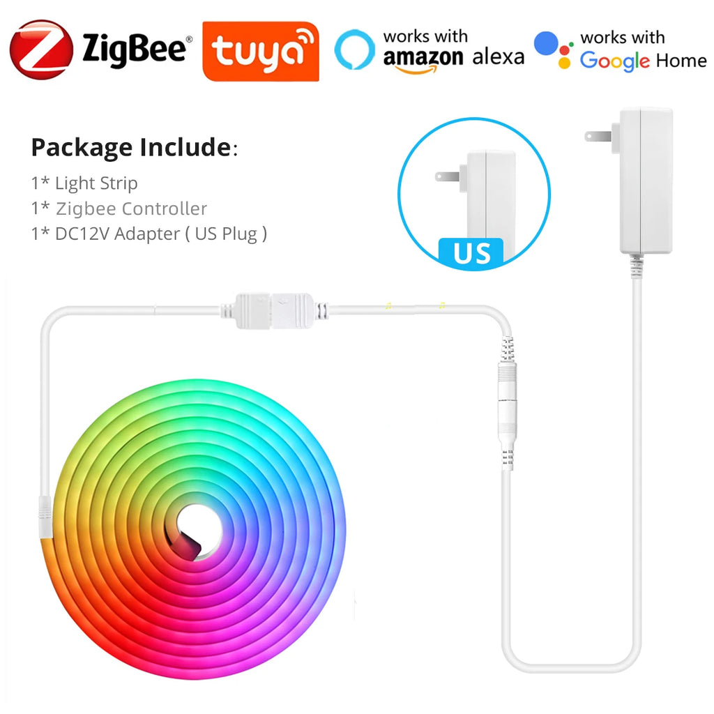 Smart Zigbee 3.0 RGB Neon LED Strip Light 12V Dimmable Room Wall Backlight Decor Works with Tuya Alexa Google APP Voice Control Oasis Select USA Power Plug 1m