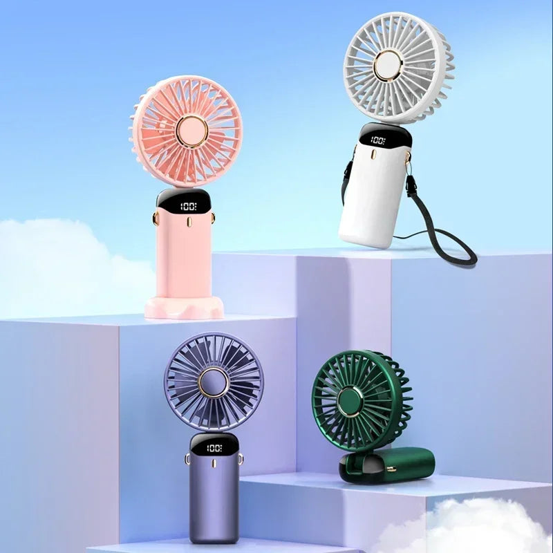 Portable Handheld Mini Fan 3000mAh Foldable Neck Hanging Fans 5 Speed Adjust USB Charge Fan with Phone Stand and Display Screen Oasis Select