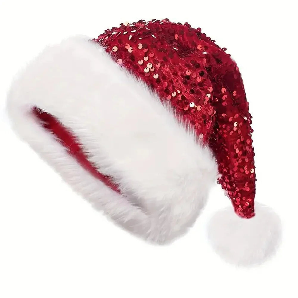 Double-Layer Sequin Santa Hat with Fluffy Pompom | Adults & Kids