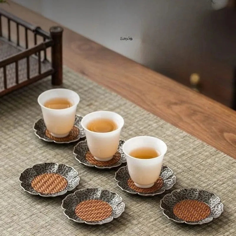2pcs Chinese Hammer Patterned Alloy Rattan Mat Water Cup Pad Retro Rattan Woven Lotus Cup Holder Heat Insulation Pad Tea Set Pad Oasis Select