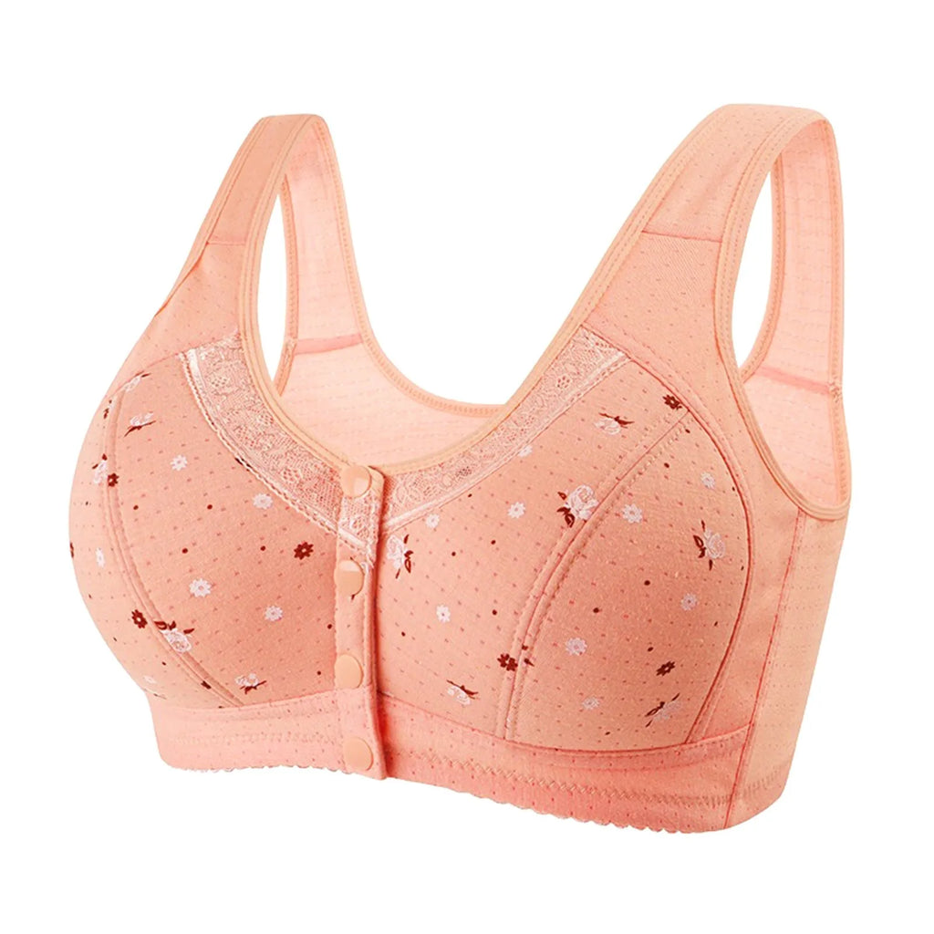 Plus Size Flower Print Wire Free No Pads Nursing Bra Mid-aged Mom Open Front Vest Brassiere Lingerie Cotton Bralette Underwear Oasis Select Saffron 38