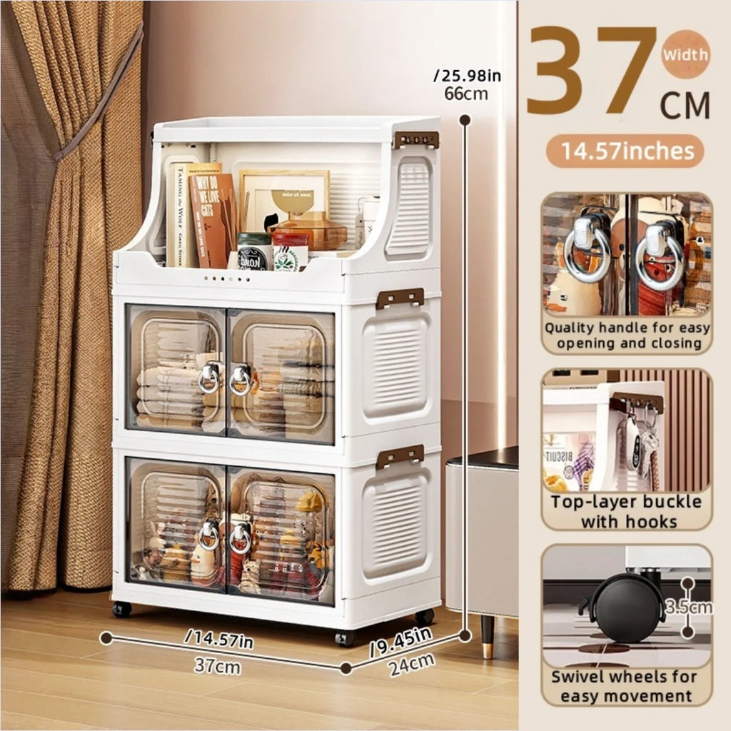 37cm Foldable Double-Door Storage Cabinet-Large Capacity Mobile Organizer with Wheels for Kitchen, Bedroom,Living Room Storage Oasis Select 3 Layers Clear Gray