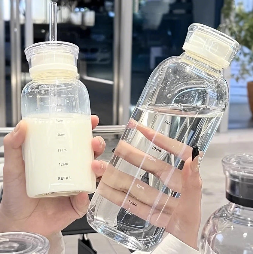 300/500/750ml Large Glass Water Bottle with Straw 2 Lids Clear Kawaii Drinking Bottle Leakproof Iced Coffee Cup for Woman Girl Oasis Select
