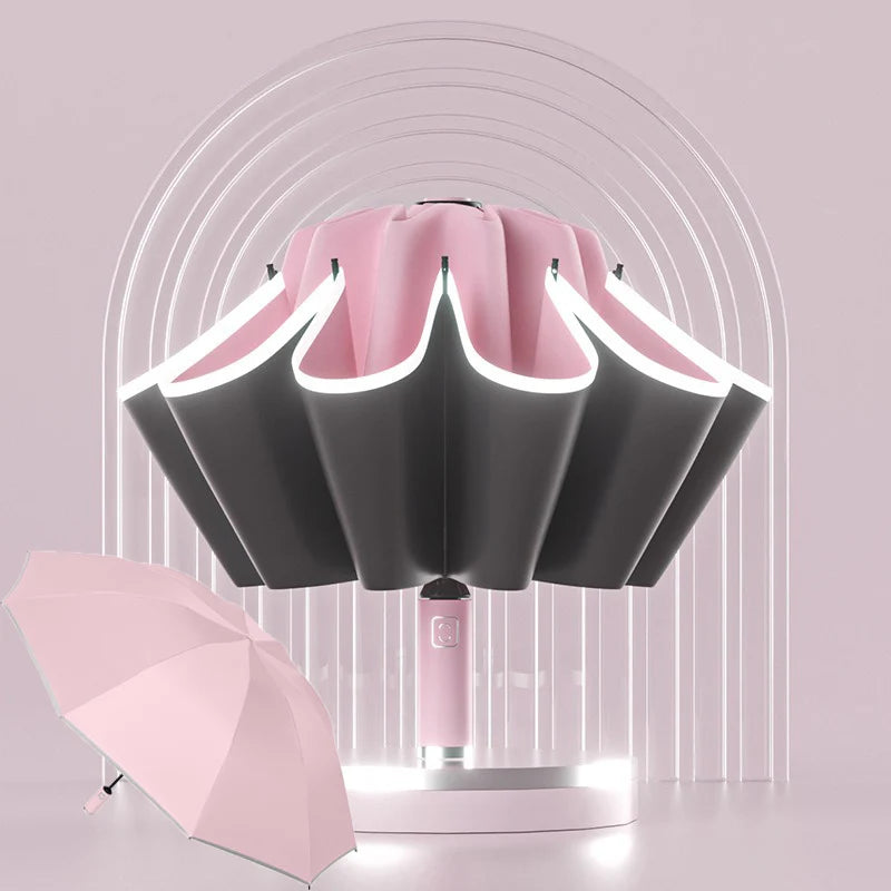 Umbrella Windproof Strong With Reflective Stripe Reverse Automatic Fold Umbrella UV Umbrella Insulation Portable Parasol Big Oasis Select pink-1pcs 10K