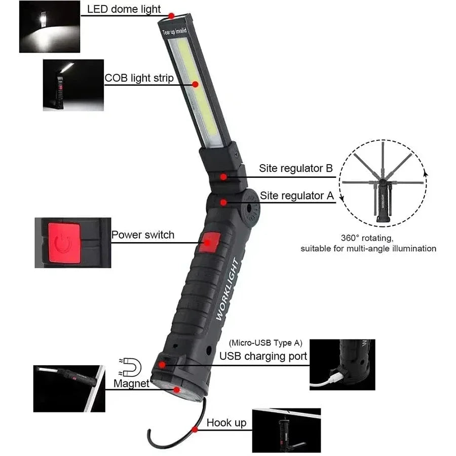 New Portable COB LED Flashlight USB C Rechargeable Work Light Magnetic Lantern Hanging Lamp with Built-in Battery Camping Torch Oasis Select