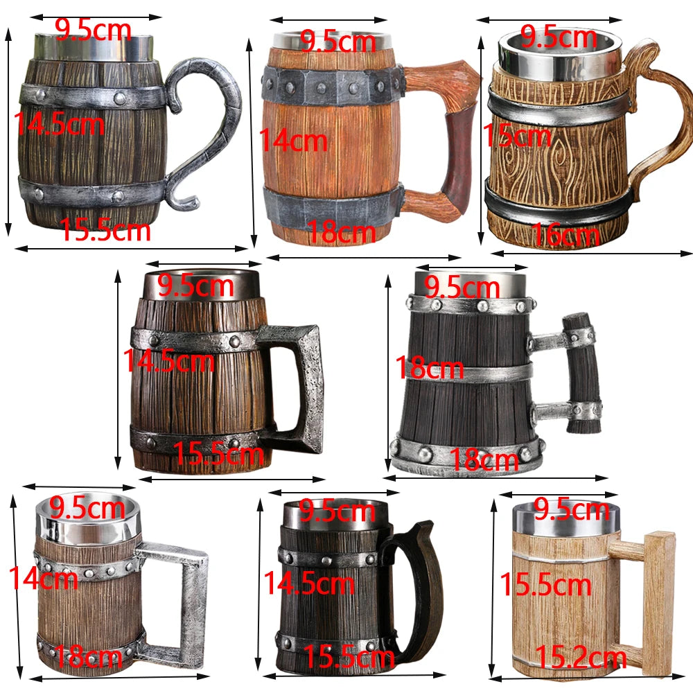 Wooden Barrel Beer Cup Stainless Steel Coffee Mug Viking Style Vintage Beer Mug Double Wall Drinking Cup Halloween Bar Drinkware Oasis Select