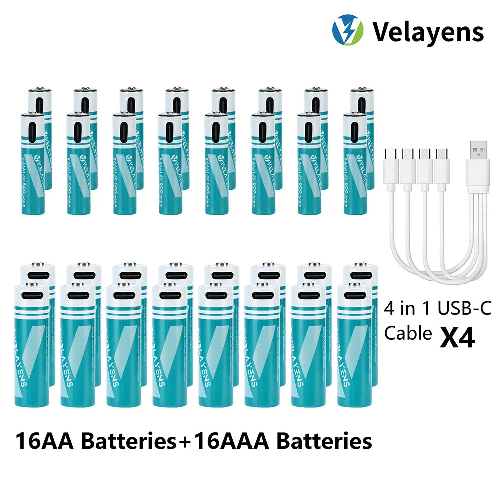1.5V USB Rechargable Lithium Battery AA 2200mAh + AAA 600mAh Actual Capacity Fast Charging 2000+ Charge Cycles Oasis Select 16AA 16AAA