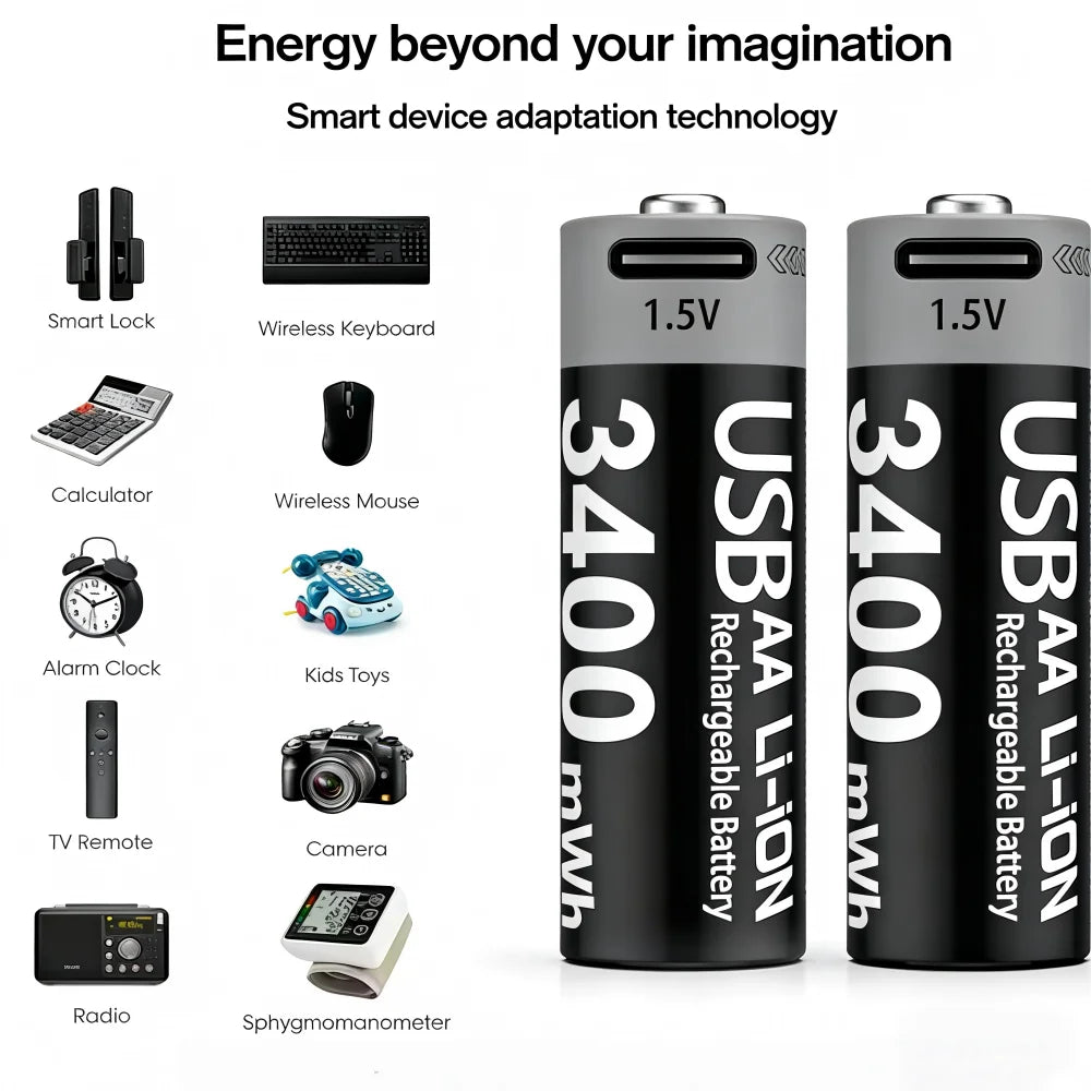 Li-ion AAA and AA Rechargeable Batteries USB Lithium-ion 3400mWh 1.5V AA Rechargeable Batteries+1100mWh 1.5V AAA Battery Oasis Select