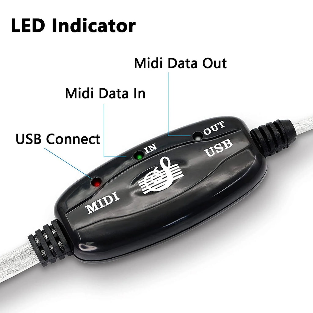 USB MIDI Cable Adapter, USB Type A Male to MIDI Din 5 Pin In-Out Cable Interface with LED Indicator for Music Keyboard Oasis Select