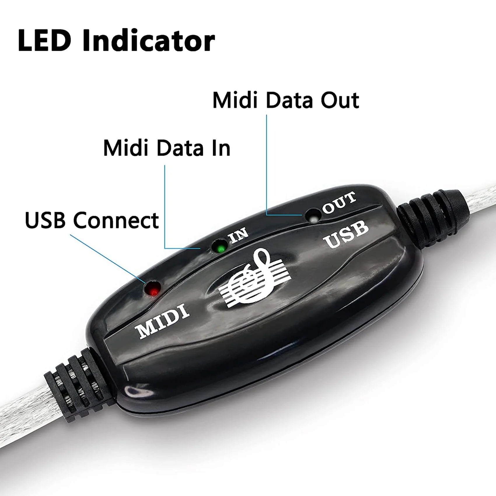 USB MIDI Cable Adapter, USB Type A Male to MIDI Din 5 Pin In-Out Cable Interface with LED Indicator for Music Keyboard Oasis Select