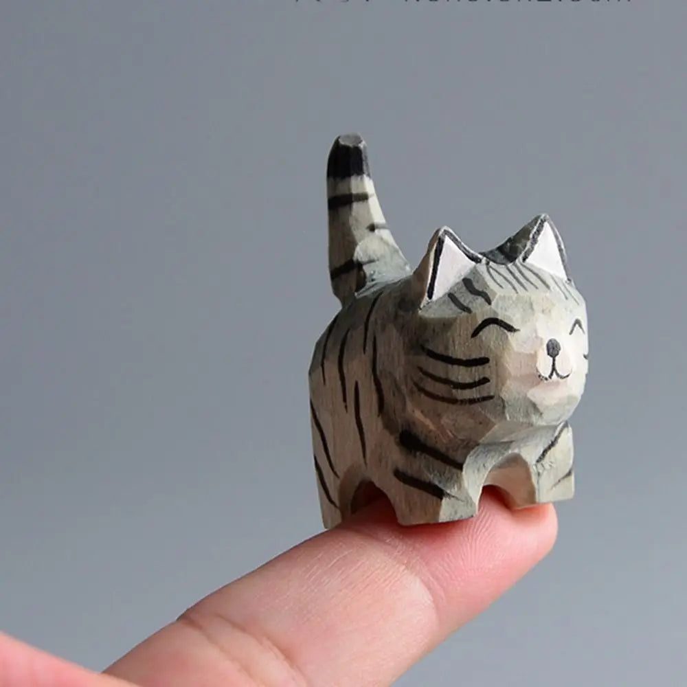 Handmade Wood Carved Cat Figurine | Gray & Orange Kitten Decor