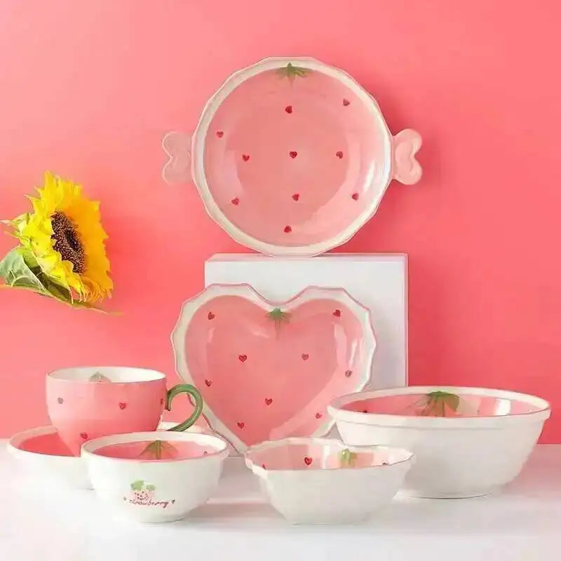 Strawberry Love Pink Plate And Bowl Ceramic Tableware Hand-painted Plate For Household Girls And Kids Oasis Select