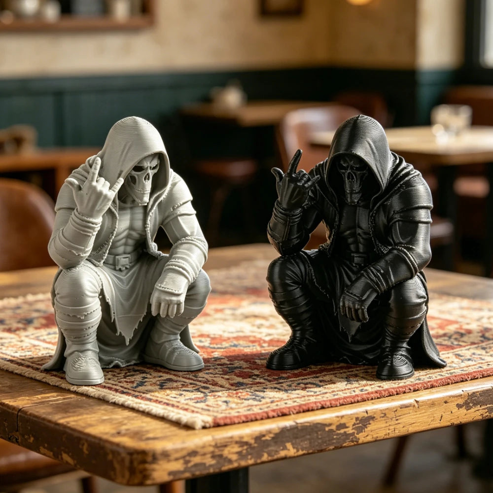 Creativity Hooded Skull Figurine Ornaments Squatting Gothic Grim Reaper Statue Handicraft Desktop Ornament for Home Office Decor Oasis Select