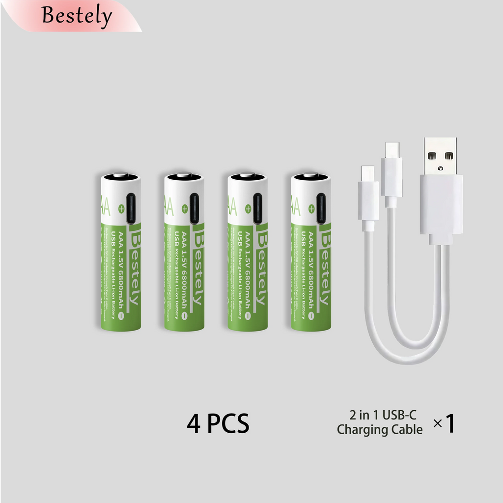 New Rechargeable 1.5v AAA Lithium Batteries 6800mAh Capacity, USB-C AAA Li-ion Battery 2000 times cycle with cable for free Oasis Select 4 pcs AAA Batteries