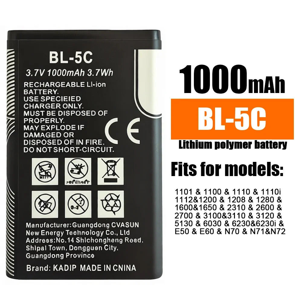 BL-5C 3.7V 1000mAh Rechargeable Battery BL5C BL 5C Phone Battery 2112 2118 2255 2270 2280 2300 2600 2610 3125 3230 Radios Oasis Select