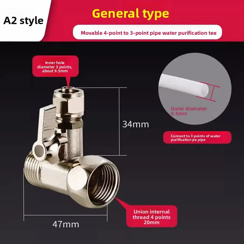 1PC RO Feed Water Adapter 1/2" to 1/4" With Shut-Off Ball Valve Faucet Tap Feed Reverse Osmosis Tee B Cold Hot Water Tube Oasis Select A2