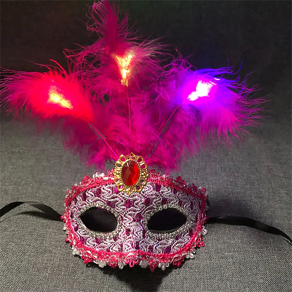Women LED Party Mask Masquerade Luxury Peacock Feathers Half Face Mask Cosplay Costume Venetian Mask Oasis Select Rose red