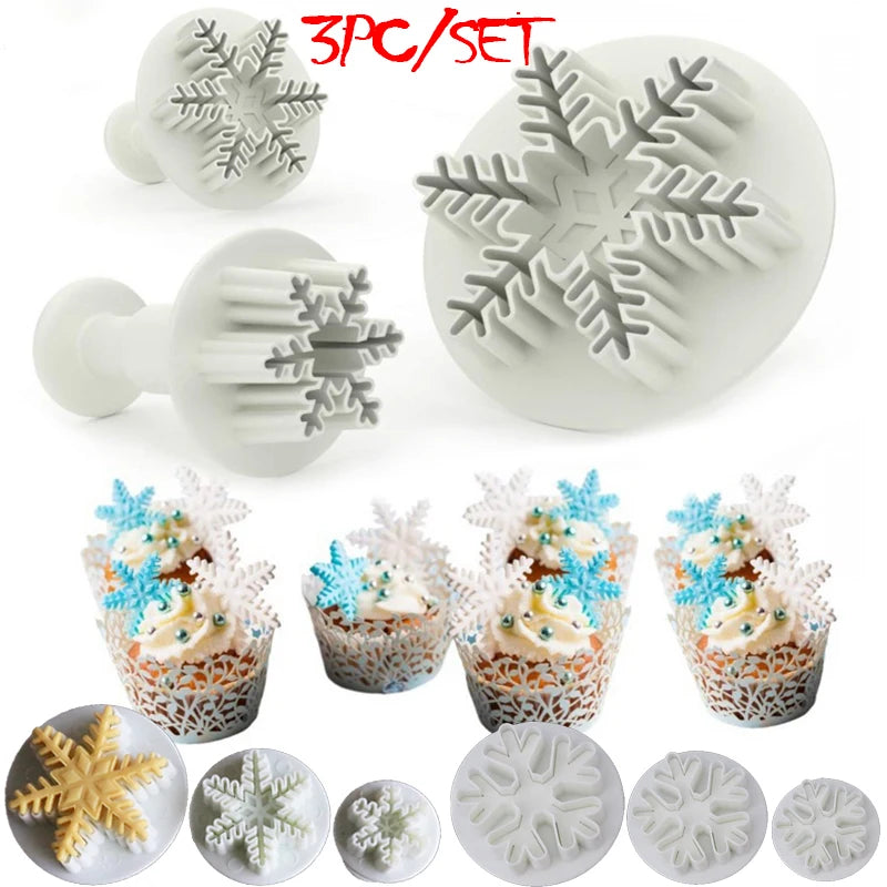3pcs/set Snowflake Plunger Cutter Mold Fondant Cake Decoration Mould Sugar Clay Crafts Baking Tools Christmas Party Kitchen Tool Oasis Select