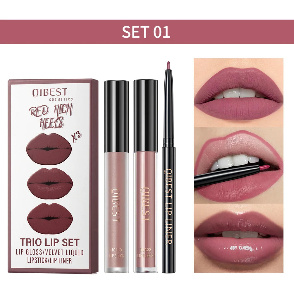 QIBEST 3-in-1 Matte Lipstick, Lip Liner & Gloss Set