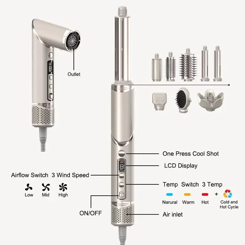 Professional 8 in 1 High-Speed Brushless Foldable Ionic Hair Blow Dryer Hot Air Brush FlexStyler with Interchangeable Heads Oasis Select
