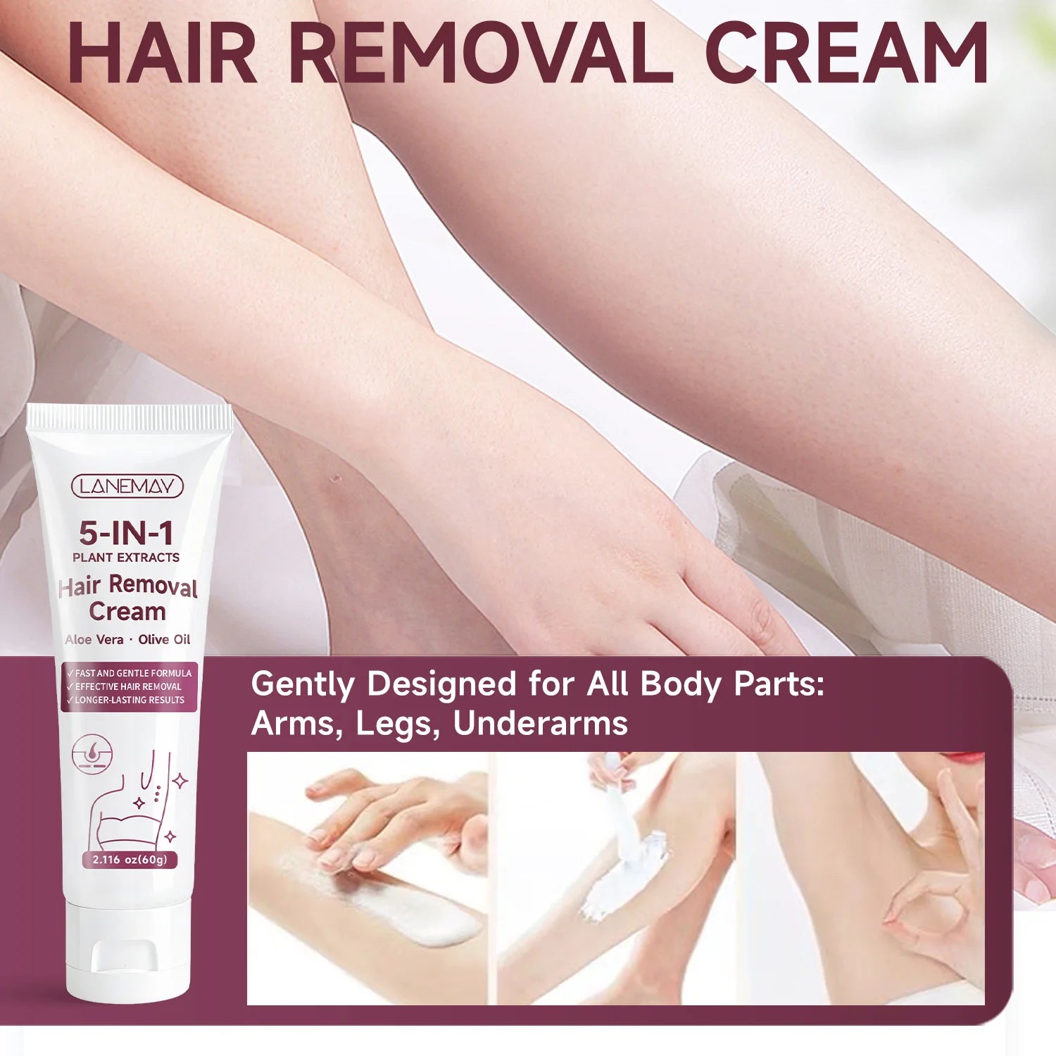 Lanemay 5-in-1 Plant Extract Hair Removal Cream 2.116 oz