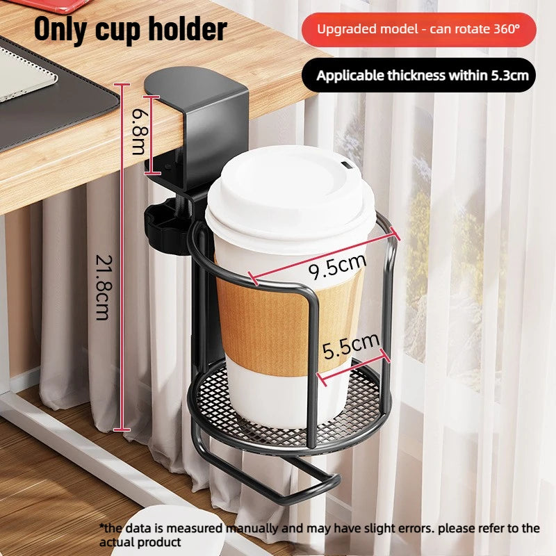 2-in-1 Adjustable Upgraded Table Clamp Cup Holder 360 Rotating No Drill Desk Edge Anti-spill Drink Rack Oasis Select Black Rotation