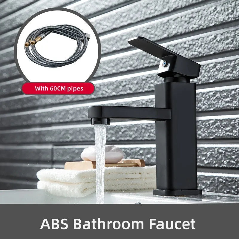 ABS Bathroom Faucet Hot Cold Mixer Tap Deck Mounted Basin Faucets Black Square Washbasin Sink Bathtub Faucet Oasis Select With 60CM pipes