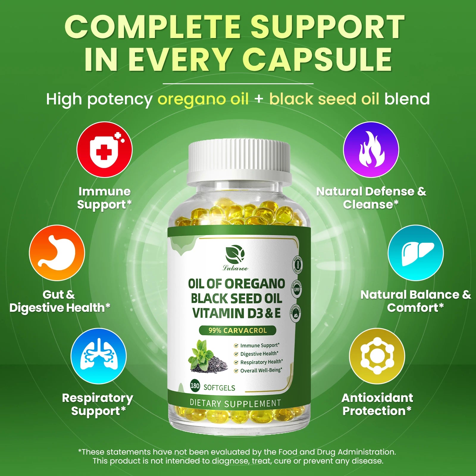 Lukaree Organic Oregano Oil Capsule with Black Seed Oil, Ultra-Concentrated 99%,for Immune, Respiratory,Digestive & Antioxidant Oasis Select