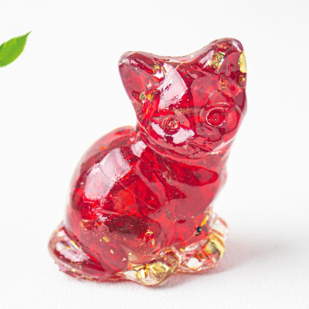 Natural Crystal Gravel Resin Sitting Turning Face Cat Figurine Gold