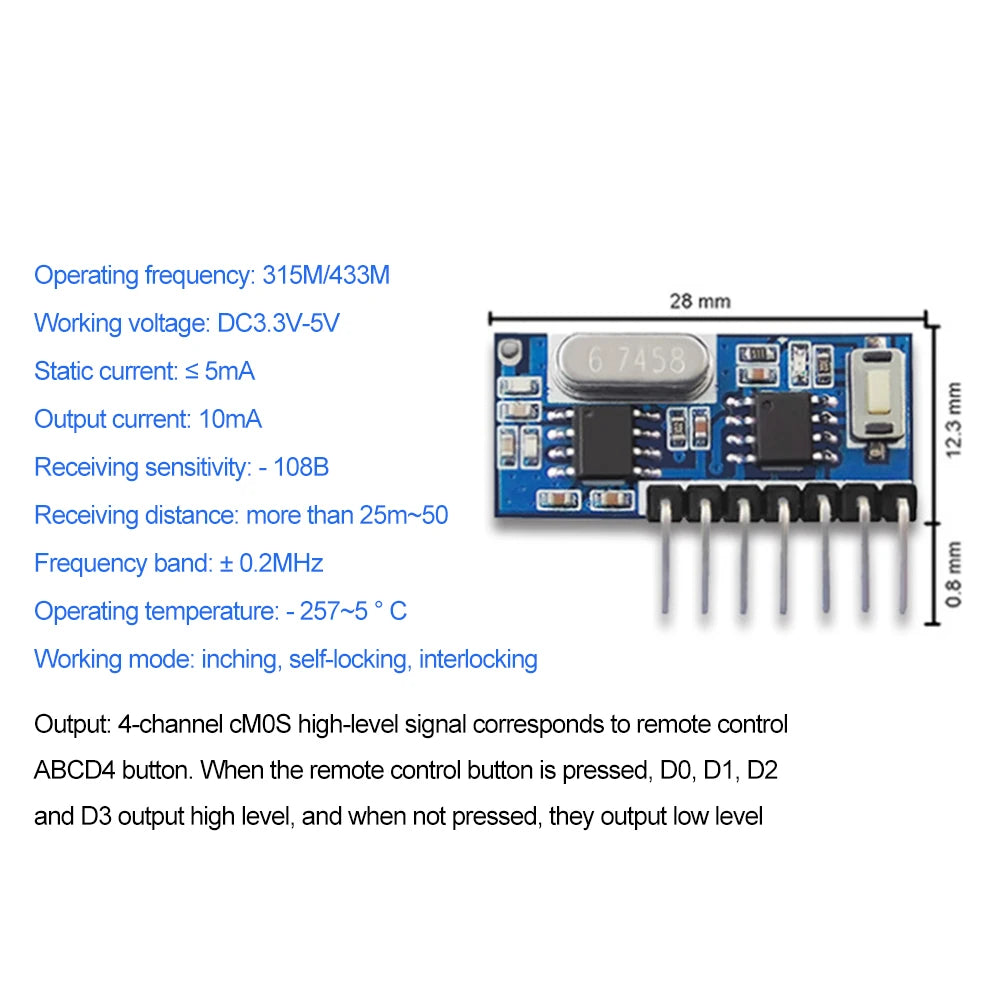 433 Mhz RF Remote Control Receiver and 433mhz RF Relay Receiver Switch Module DC3.3V-5V Jog Self-locking Interlock Controller Oasis Select
