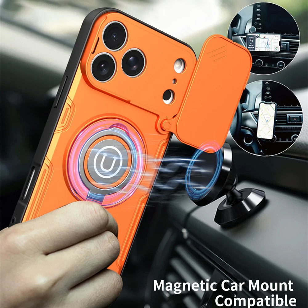 Magnetic Ring Stand Back Cover Shockproof Power Slide Camera Lens Protection For IPhone 17/16/15 Pro Max Cases 17Pro 16Pro 15Pro Oasis Select