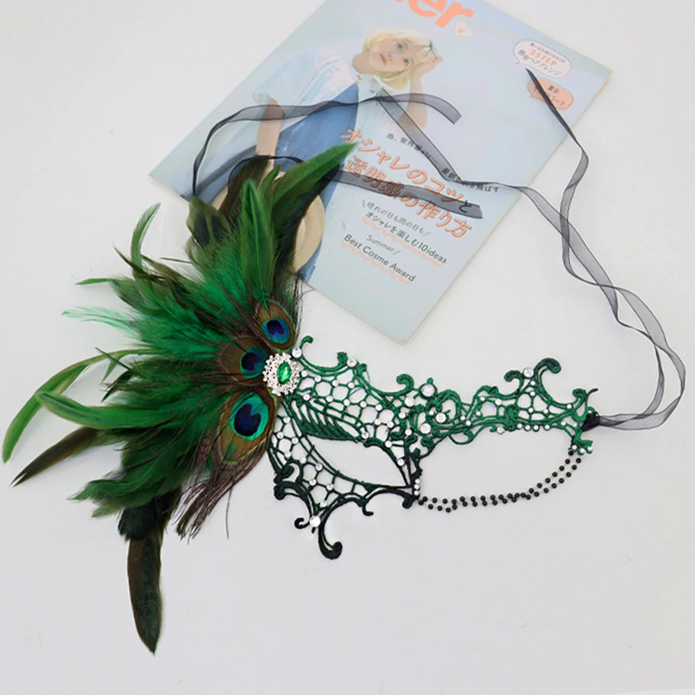 Feathers Design Half-Face Lace Mask Seductive Style Masquerade Feather Mask Fancy Prom Cosplay Masquerade Mask Oasis Select Black green
