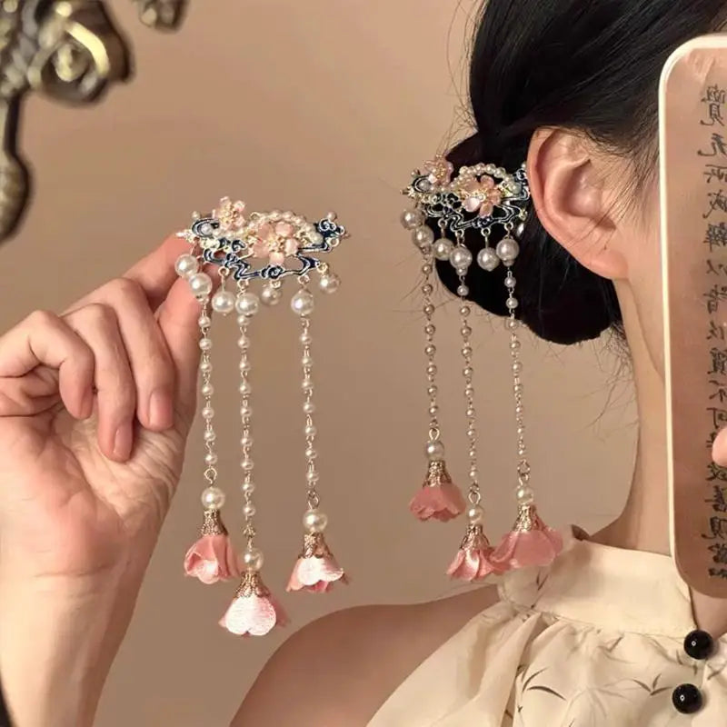 Vintage Pearl Tassel Hair Clip – Enamel Flower Hanfu Hair Pin Decorative Hair Pin Oasis Select