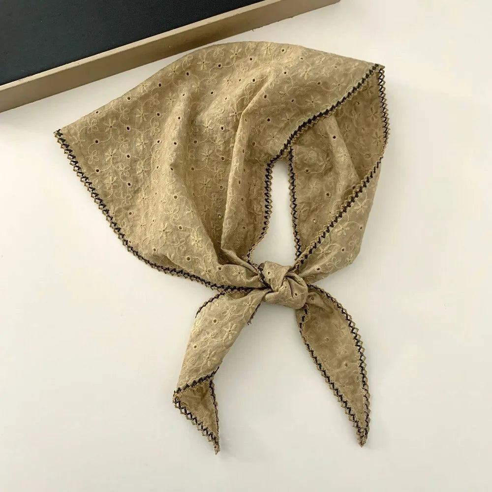 Fashion Embroidered Flowers Flower Neck Scarf Soft Vintage Triangle Hair Head Comfortable Breathable Silk Scarf Summer Oasis Select Khaki
