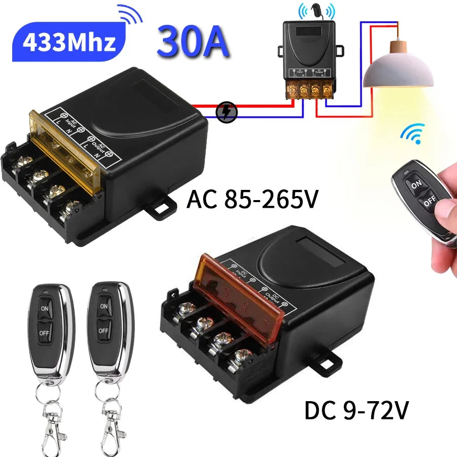 433MHz Wireless Remote Control Switch AC 75-220V DC 9-72V 30A Relay Wireless Relay Switch Oasis Select
