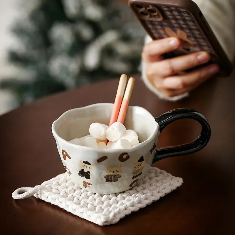 300ml Hand-painted Flower Ceramic Coffee Cup Cute Style Print Porcelain Handmade Breakfast Milk Juice Tea Chocolate Handle Mug Oasis Select