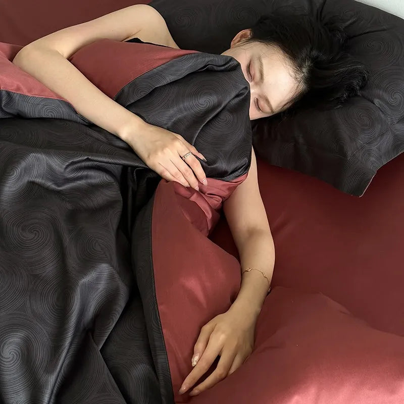 Bed Sheets Duvet Covers Four Piece Bedding Light Luxury High-end Black and Red Jacquard All Cotton Pure Cotton New Style Oasis Select A Bed sheet style 1.8cm