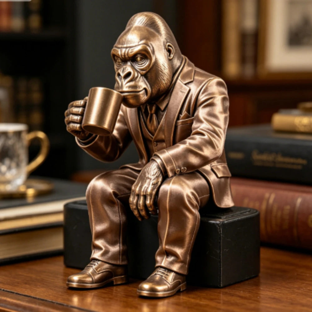 Suit Gorilla Figurine Coffee Drinking Gorilla Statue 3D Printed Sitting Posture Bookshelf Edge Ornament Creative Desk Decor Gift Oasis Select