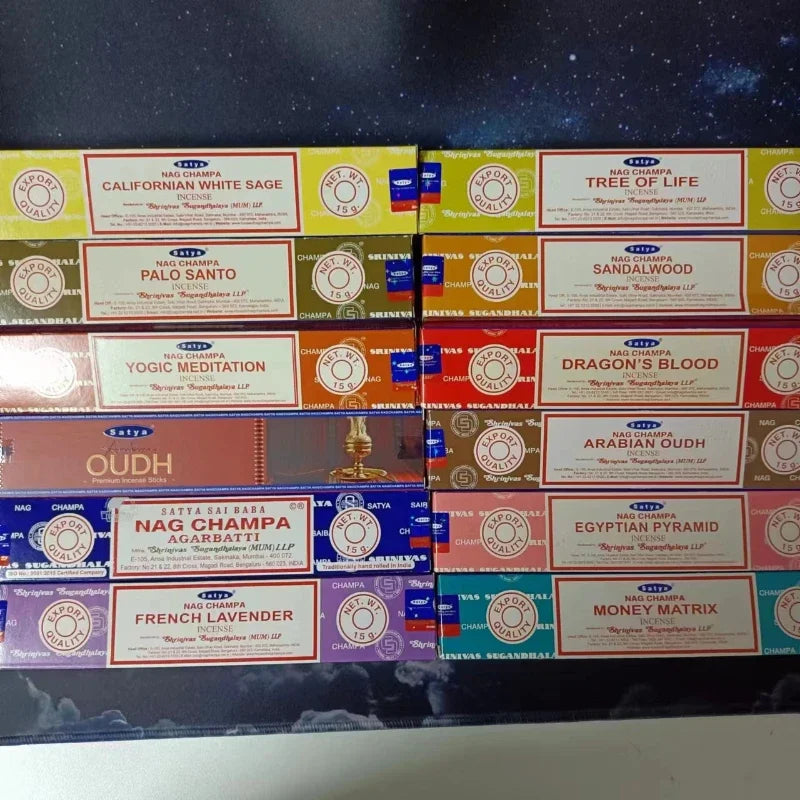 6/12boxes Satya White Sage Incense Sticks Home Fragrance NAGCHAMPA Sticks OUDH PALO SANTO Mix Incense YOGIC MEDITATION Aroma Oasis Select