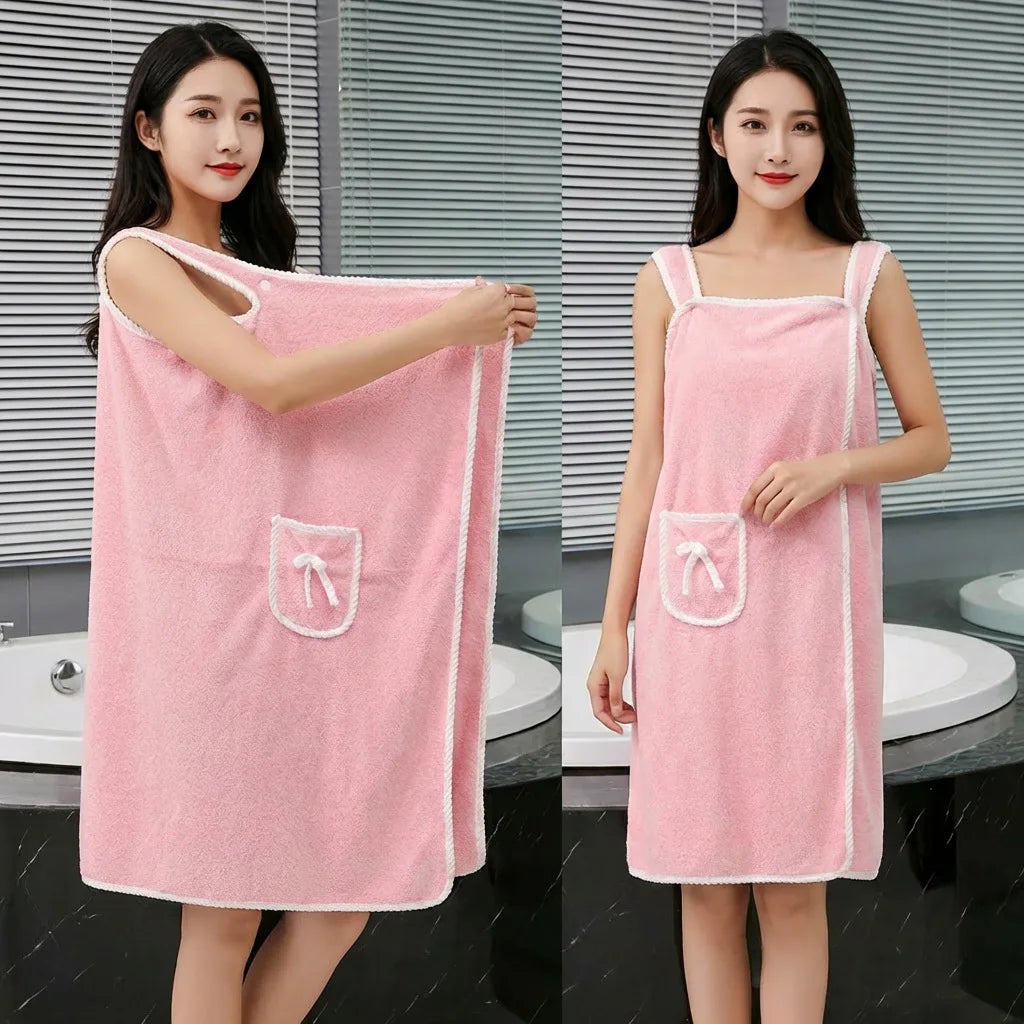 Coral Fleece Bath Skirt Soft Thick Highly Absorbent Wearable Towel with Bow Pocket Suspender Style Robe for Bathroom Oasis Select