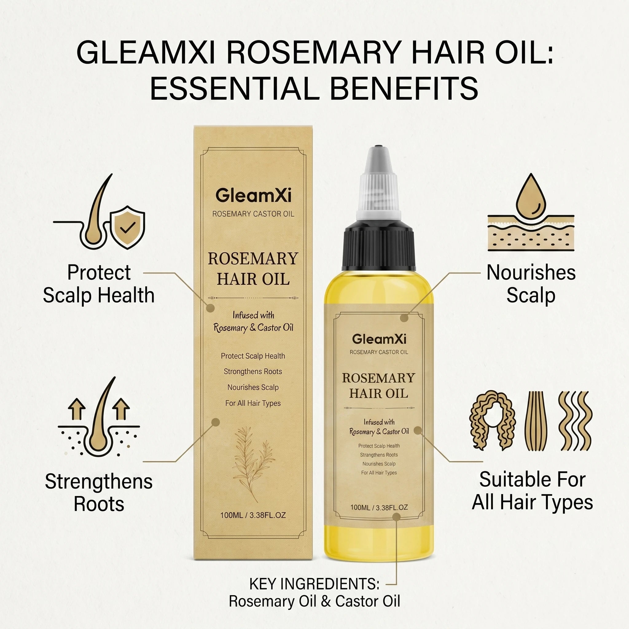Rosemary Castor Hair Oil Strengthens Roots and Nourish Scalp Anti Hair Loss Reduce Breakage Voluminous Soft Hair Care Oasis Select