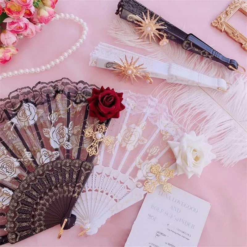 Lolita Gothic Fan Victorian Female Lace Hand Fan Vintage Black White Red Rose Bamboo Fans Cosplay Halloween Party Supplies Oasis Select