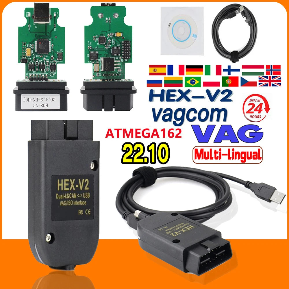 22.10 VAG COM 23.3 Popular Vcds OBD2 Scanner 2023 Francais Hex V2 For VW AUDI Skoda Seat Vag Diagnostic Tool Atmega162+16V8 Oasis Select German English