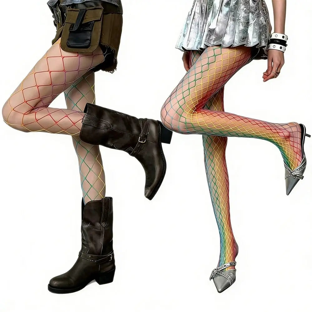 Sweet Cool Dopamine Rainbow Fishnet Stockings Y2K Gradient Mesh Hollowed Out Tights High Waist Sexy Pantyhose Women Fashion Oasis Select